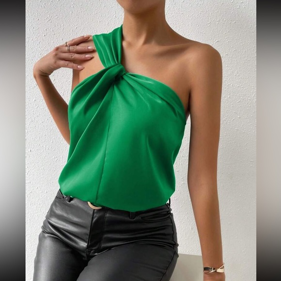 Luxe one shoulder twist front satin blouse - Picture 6 of 15